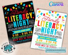 two flyers for the family's library night with colorful lettering and stars on them