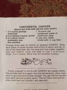 The chicken and beef have their own gravy in this delicious dish. You will want to add it to your families regular meals Continental Chicken, Slow Cooker Lemon Chicken, Southwest Chicken Soup, Bird Recipes, Chicken Corn Chowder, Apricot Chicken, Creamy Lemon Chicken, Balsamic Chicken, Cream Cheese Chicken