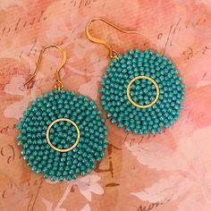 Statement Earrings Big Bold Bright Turquoise and Gold Earrings | Etsy Turquoise Drop Beaded Earrings With Tiny Beads, Turquoise Beaded Round Earrings, Turquoise Earrings With Tiny Beads For Gift, Turquoise Earrings With Colorful Round Beads, Turquoise Beaded Drop Earrings With Spacer Beads, Turquoise Drop Beaded Earrings, Turquoise Beaded Earrings With Round Beads, Turquoise Beaded Earrings With Ear Wire, Turquoise Round Beaded Earrings With Ear Wire