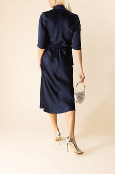 Peter Cohen cusp dress in navy. 100% silk Dry clean Made in USA Peter Cohen, Metal Choker Necklace, Metal Choker, Goddess Dress, Pre Fall Collection, Casual Evening, Scarf Headband, Jennifer Fisher, Swim Skirt