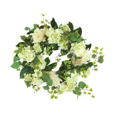 white flowers and green leaves are arranged in the shape of a wreath on a white background