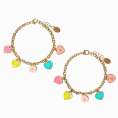 Claire's Best Friends Love Hearts Charm Bracelets - 2 Pack, Blue. Show some love for your bestie with this best friend bracelet set. It includes two gold-tone charm bracelets that have heart-shaped charms that spell "Love" and a coordinating flower charm. Pack Size: 2 Finish: Gold-tone Length: 6 in. + extender / 15.24 cm. + extender Closure: Lobster clasp Material: Metal - Claire's Best Friends Love Hearts Charm Bracelets - 2 Pack Gender: female.  Age Group: adult. Best Friends Love, Yin Yang Bracelet, Spell Love, Best Friend Bracelet, Mother Daughter Bracelets, Best Friend Bracelets, Bff Necklaces, Best Friend Love, Search Page