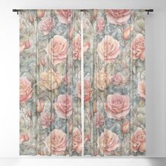 a curtain with pink roses and leaves on it