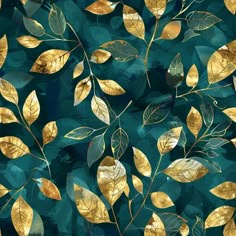 golden leaves are on a green background with blue watercolors and gold foiling