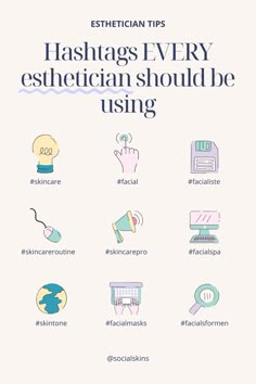 2024 Esthatician hashtags, esthatician marketing Hashtags For Estheticians, How To Get More Clients Esthetician, Esthetician Social Media Ideas, Esthetician Hashtags, Instagram Names For Estheticians, Esthetics Post Ideas, Esthetician School Tips, Esthetician Instagram Name, Esthetician Study Guide