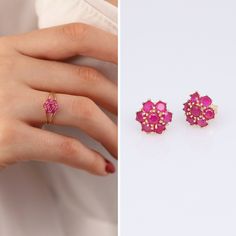 "This 14k Gold Ruby Hexagon Flower Ring will look great on you no matter what you wear! Thanks to its dainty and minimalist design, you'll never want to take it off once you wear! Treat yourself with such beautiful ring as well as being protected by the incredible benefits of Ruby gemstone! ‣ Please choose \".... US (your ring size) + Earrings\" option from variations if you want to purchase as a ring and earrings set. If you choose only ring size, you will only recieve the ring, not the earrings. 14k Gold Ruby Necklace: https://www.etsy.com/listing/979817179 14k Gold Ruby Earrings: https://www.etsy.com/listing/1315780573 ◖ A B O U T ◗ Ruby is a gemstone with striking appearance, strong metaphysical properties and benefits almost all individuals. However, astrologers recommend it mostly to Dainty Cluster Ring As A Gift, Dainty Cluster Ring Gift, Pink Cluster Ring For Gifts, Pink Cluster Ring For Gift - Fine Jewelry, Pink Cluster Ring For Gift In Fine Jewelry Style, Dainty Cluster Jewelry For Gifts, Pink Cluster Ring As Gift In Fine Jewelry Style, Dainty Cluster Jewelry For Gift, Pink Cluster Ring As A Gift