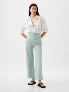 High Stride Wide-Leg Ankle Khakis | Gap Mint Trousers Outfit, Mint Green Pants Outfit, Summer Corporate, Wide Pants Outfit, Mint Green Pants, Green Pants Outfit, Gap Outfits, Smart Casual Women, Trouser Outfit