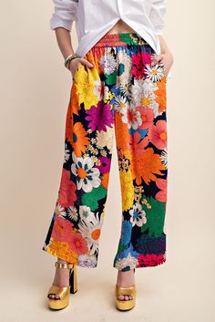 Vibrant Floral Print Elastic Waist Pants Retro High-waisted Relaxed Fit Pants, Multicolor Floral Print Pants, Multicolor Floral Print Straight Pants, Multicolor Straight Pants With Floral Print, Multicolor Wide-leg Pants With Elastic Waistband, Trendy Multicolor Straight Leg Wide Pants, Multicolor Floral Print Wide Leg Pants, Multicolor Floral Print High-waisted Wide Leg Pants, Multicolor Floral High-waisted Wide Leg Pants