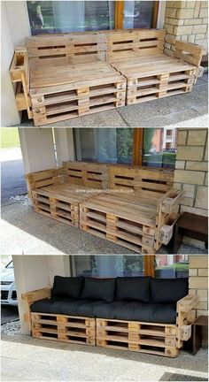 some wood pallets are stacked up on top of each other to make a couch