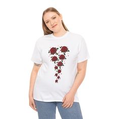 Red Rose Rapsody Figure Slimming Design T-Shirt is my latest design in the Secret Slimming Design Series that I have developed using key artist design elements that naturally draw the eye inwards at the waist and upwards toward your face.  The flowers are smaller at the bottom and larger at the top which creates the illusion of a smaller waist.  The flowers all face upwards and the dots in the background all draw the eye upwards.  It is a secret design element that will flatter your figure and b Cheap Pink T-shirt With Rose Print, Cheap Cotton T-shirt With Rose Print, Affordable Pink Rose Print T-shirt, Botanical Birthday, Radiant Red, Smaller Waist, Design T Shirt, Floral Botanical, Small Waist