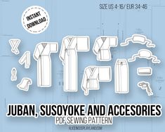 Makes a traditional kitsuke kit to wear as underwear with your kimono that includes several types of juban, susoyoke, obi accessories and more. The set includes instructions to make nagajuban, hanjuban, hadajuban, hadagi, susoyoke, obi ita, obi makura, obiage, datejime, han eri, eri shin and koshihimo. With this pattern you can make your own Japanese outfit, costume or cosplay, perfect for those who have no time to make their own patterns but would like to create their own clothes in an easy way Plus Size Patterns, Japanese Sewing, Kimono Pattern, Diy Sewing Clothes, Japanese Outfits, Sewing Skills, Yukata, Pdf Sewing Patterns, Sewing Clothes