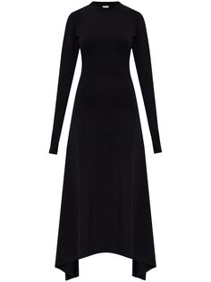 black cotton blend stretch-design embroidered logo to the rear long sleeves asymmetric hem ankle-length Stretch Long Sleeve Midi Dress With Side Slits, Stretch Long Sleeve Maxi Dress For Work, Black Midi Dress With Long Sleeves And Side Slits, Black Long Sleeve Midi Dress With Side Slits, Stretch Midi Dress With Side Slits And Long Sleeves, Black Maxi Dress With Side Slits For Work, Fitted Maxi Dress With Asymmetrical Hem For Fall, Fitted Long Sleeve Midi Dress With Side Slits, Fall Evening Midi Dress With Side Slits