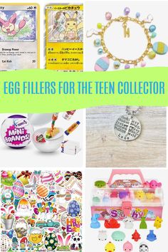 the top ten items for an easter egg filler in this collage are eggs, stickers, and more