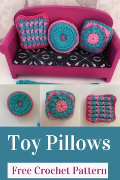 the toy pillow is made out of crochet and sits on a couch with four pillows