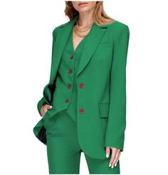 20% wool / 80% polyester. Flat. Include Blazer + Vest + Pants. Notch Lapel. Center Vent. Double Buttons. Real pocket. Full lined. Machine wash / Hand wash. Color or size customization please note in the order Tailored Green Pantsuit For Fall, Green Notch Lapel Pantsuit For Fall, Green Fall Workwear Pantsuit, Womens Suit Vest, Blazer Vest, Suit Vest, Body Size, Blazer Suit, Suits For Women