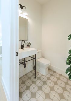 a white toilet sitting next to a sink in a bathroom under a mirror and potted plant