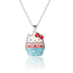 Embrace the sweet charm of Sanrio Hello Kitty with the Silver Plated Cupcake Pendant Necklace. Adorned with a delightful cupcake motif featuring Hello Kitty, this necklace adds a playful touch to any outfit. Cute Hello Kitty Silver Necklace, Cute Silver Hello Kitty Necklace, Hello Kitty White Necklace For Gift, White Hello Kitty Necklace Gift, Sweet Silver Necklace Perfect For Gifts, White Hello Kitty Necklace For Gift, Cute Birthday Pendant Jewelry, Cute Multicolor Charm Necklaces, Sweet White Jewelry With Cute Design