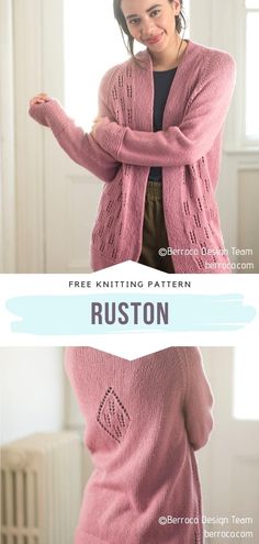 a woman wearing a pink knitted cardigan with the words, free knitting pattern