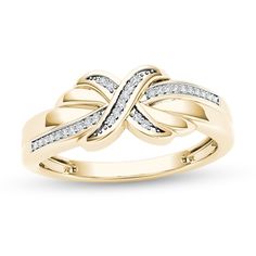 Gracefully designed and shimmering, this beautiful fashion ring completes her outfit with style. Crafted in warm 10K gold, this shimmering look features a diamond-accented "X" at its center and additional diamond accents along the ring's sculpted shank. Lined with 1/15 ct. t.w. diamonds and polished to a bright shine, this ring is perfect for any occasion. Crossover Diamond Ring, Ladies Rings, Frame Ring, X Ring, Peoples Jewellers, Diamond Anniversary Rings, Custom Ring Designs, Antique Engagement, Diamond Anniversary