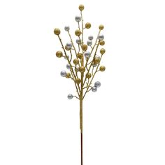 a tall gold and white tree with balls on it's branches in front of a white background