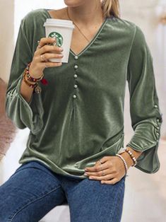 Women's Velvet Blouse Flared Sleeve V-neck Ladies Top Solid Color V-neck Top For Fall, Fall V-neck Solid Color Tops, Solid V-neck Top For Fall, Fall V-neck Non-stretch Blouse, Green V-neck Top For Fall, Casual V-neck Blouse For Fall, Winter V-neck Blouse, Velvet T Shirt, Modest Clothes