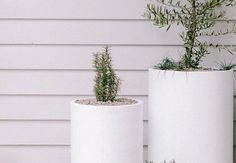 two tall white planters sitting next to each other