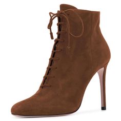 Step into timeless elegance with our Brown Stiletto Heel Lace Up Boots. The lace-up detailing not only enhances the boots' appeal but also offers a customized fit and ankle support. Versatile enough for various occasions, these boots effortlessly combine style and comfort with their cushioned insole. Elevate your outfit with these boots that transition seamlessly from day to night, adding a chic and confident edge to your ensemble. Perfect for casual outings or special events, these lace-up boots are a must-have addition to your footwear collection. Handcrafted US sizing. Fits true to size. Heel Height: 4.72" / 120 mm approx Product measurements were taken using size 8. Please note that measurements may vary by size. Sleek Stiletto Heel: Designed for a bold and confident stride, these boot Heeled Lace Up Boots, Pencil Heels, Block Sandals, Custom Boots, Stiletto Boots, Ankle Support, Suede Lace, Long Boots, Pump Sandals