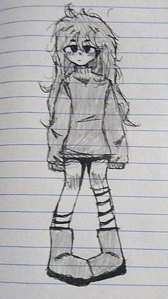 a drawing of a girl with long hair and boots, standing in front of lined paper