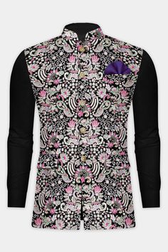 Introducing our exquisite Jade Black and Amethyst Purple Multi-Colour Designer Embroidered Nehru Jacket, a stunning addition to your wardrobe for weddings, engagements, or parties. Crafted with meticulous detail, this Nehru jacket effortlessly blends sophistication with casual charm. Pair it with our Kurta Jacket Set for a complete ensemble. Elevate your style with this timeless piece, tailored for the modern man who appreciates elegance and versatility. In addition to being constructed from Imp Fitted Nehru Jacket With Embroidered Sleeves, Long Sleeve Bandhgala With Floral Embroidery For Parties, Party Long Sleeve Bandhgala With Floral Embroidery, Wedding Bandhgala With Floral Embroidery And Long Sleeves, Festive Sherwani With Embroidered Sleeves For Wedding, Festive Nehru Jacket With Embroidered Sleeves, Party Nehru Jacket With Intricate Embroidery, Fitted Nehru Jacket With Intricate Embroidery For Party, Festive Multicolor Embroidered Outerwear For Wedding