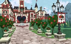 an animated image of a castle with roses in the foreground and trees on either side