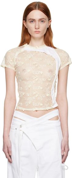 Ottolinger: Off-White Floral T-Shirt | SSENSE Designer Tops For Women, Red Haired Beauty, Mesh T Shirt, Sheer Shirt, Color Champagne, Designer Tops, Logo Pattern, Skirt Design, Shirt Skirt