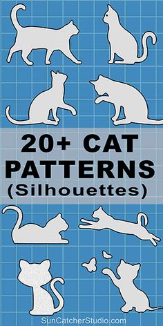 the silhouettes of cats and kittens are shown in white on a blue background