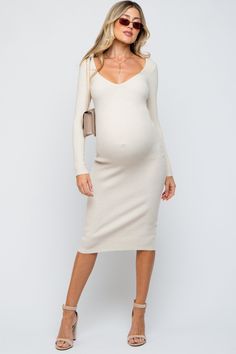 Cream Ribbed Long Sleeve Maternity Midi Dress– PinkBlush Classy Maternity Dress, Professional Maternity Outfits, Dress With Sweater Over It, Maternity Sweater Dress, Maternity Dresses For Baby Shower, Maternity Midi Dress, Maternity Sweater, Pink Blush Maternity, Maternity Dress