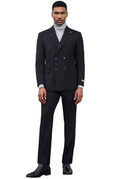 This Stacy Adams double breasted suit is a classic! It features a 6 button front, with 4 button sto close, wide peak lapels, flap pockets, side vents, and matching pants. Matching Pants, Double Breasted Suit, Flap Pocket, Double Breasted, Pants, Black, Trousers