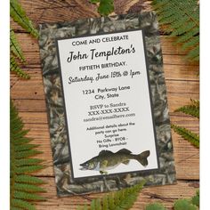 an image of a birthday party with camo and fish on the front, along with fern leaves