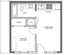 the floor plan for a studio apartment with one bedroom and an attached bathroom, which is also