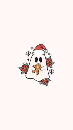 a cartoon character wearing a santa hat and holding a gingerbread in his mouth with snowflakes around him