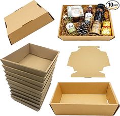 six boxes with different types of food and drinks in them, all lined up on top of each other