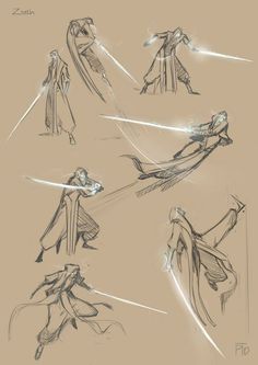 several sketches of people in different poses with lights coming from their arms and hands,