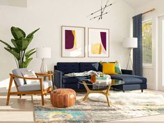 a living room filled with furniture next to a large window and a potted plant