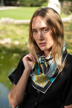 Printed on luxurious silk satin, this scarf features a charming design of pocket watches and jeweled belts, symbolizing the delicate balance of time and style. The intricate details and rich colors make this foulard a standout accessory, perfect for adding a touch of sophistication and playful charm to your wardrobe. Classic foulard size: Approx. 35" x 35". Once made famous by the likes of Audrey Hepburn, Sophia Loren and Grace Kelly, a foulard will always add a touch of elegance to your look. H Silk Scarf Fashion, Jeweled Belts, Adidas Samba Outfit, Pool Party Outfits, Samba Outfit, Silk Satin Scarf, Silk Scarf Style, Large Silk Scarf, Wardrobe Classic