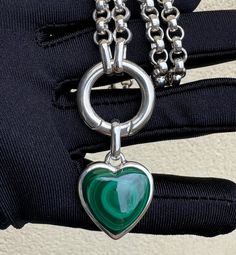 Sterling silver chain with  malachite heart pendant -Palladium plated Sterling Silver (anti tarnishing, does not remain black) -Malachite heart 20x22mm Necklace length 45cm thick chain width 6mm (handmade) Necklace is  ready for shipping! !Palladium is currently the most expensive of the four major precious metals - gold, silver, platinum and palladium. Does palladium plating tarnish? In addition, they are far less reactive than most metals. As a result, Platinum and Palladium are tarnish resist Silver Malachite Pendant Necklace, Silver Malachite Gemstone Necklace, Malachite Necklace, Agate Earrings, Beautiful Gift Boxes, Sterling Silver Chain, Solid 925 Sterling Silver, Sterling Silver Chains, Handmade Necklaces