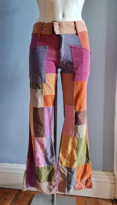 Fab Vintage 90s Boho Dream Cord Patchwork Bell bottoms Size S will fit a UK 8-10 US 4-6  Waist 28-29 ins Hips 34 ins Leg 30 ins  Uttam London 4 x pockets Lightweight cord with gorgeous colourway Zip and velcro closure In great condition consistent with light wear/washing only 70s Pants Women, Diy Boho Clothes, 70s Pants, Patchwork Trousers, 90s Boho, Funky Pants, Patchwork Pants, Reworked Vintage, Womens Trousers