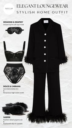 Embrace cozy elegance in Sleeper's pajama set, paired with slip-on sandals for a touch of luxury. Enhance the allure with Dolce & Gabbana's lingerie and complete the look with a touch of whimsy with Desmond & Dempsey's silk eye mask. This outfit effortlessly combines comfort and style, making your home a haven of relaxation and elegance! #CozyLoungeWear #LoungeWear #HouseWear #SleepWare #HomeLoungeOutfit #ComfyOutfitsForHome Lilith Hazbin, Classy Loungewear, Elegant Loungewear, Pijamas Women, Loungewear Outfits, Cute Sleepwear, Silk Eye Mask