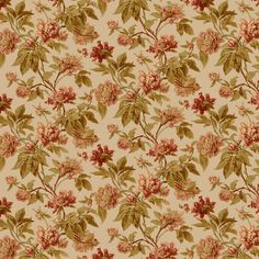 a floral wallpaper pattern with red and pink flowers on beige background in full bloom