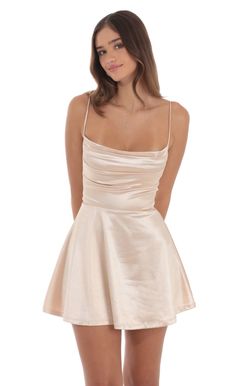 Satin Cowl Neck Dress in Champagne | LUCY IN THE SKY Silk Homecoming Dress, Snowball Dresses, Winter Dance Dresses, Satin Cowl Neck Dress, Cute Hoco Dresses, Bat Mitzvah Dresses, Semi Dresses, Cute Formal Dresses, School Dance Dresses