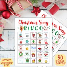 printable christmas song bingo game for kids to play in the holiday season with presents