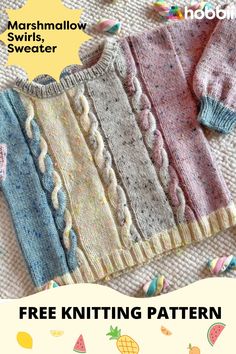 a knitted sweater with the text free knitting pattern for marshmallow sweaters