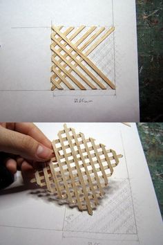 two pictures showing how to cut out wood pieces with scissors and glue on the paper