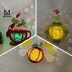 three different christmas decorations on display with lights